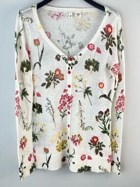 MOTH Anthropologie Cardigan Floral Linen Blend Beaded Ivory Sweater Size M Flaw